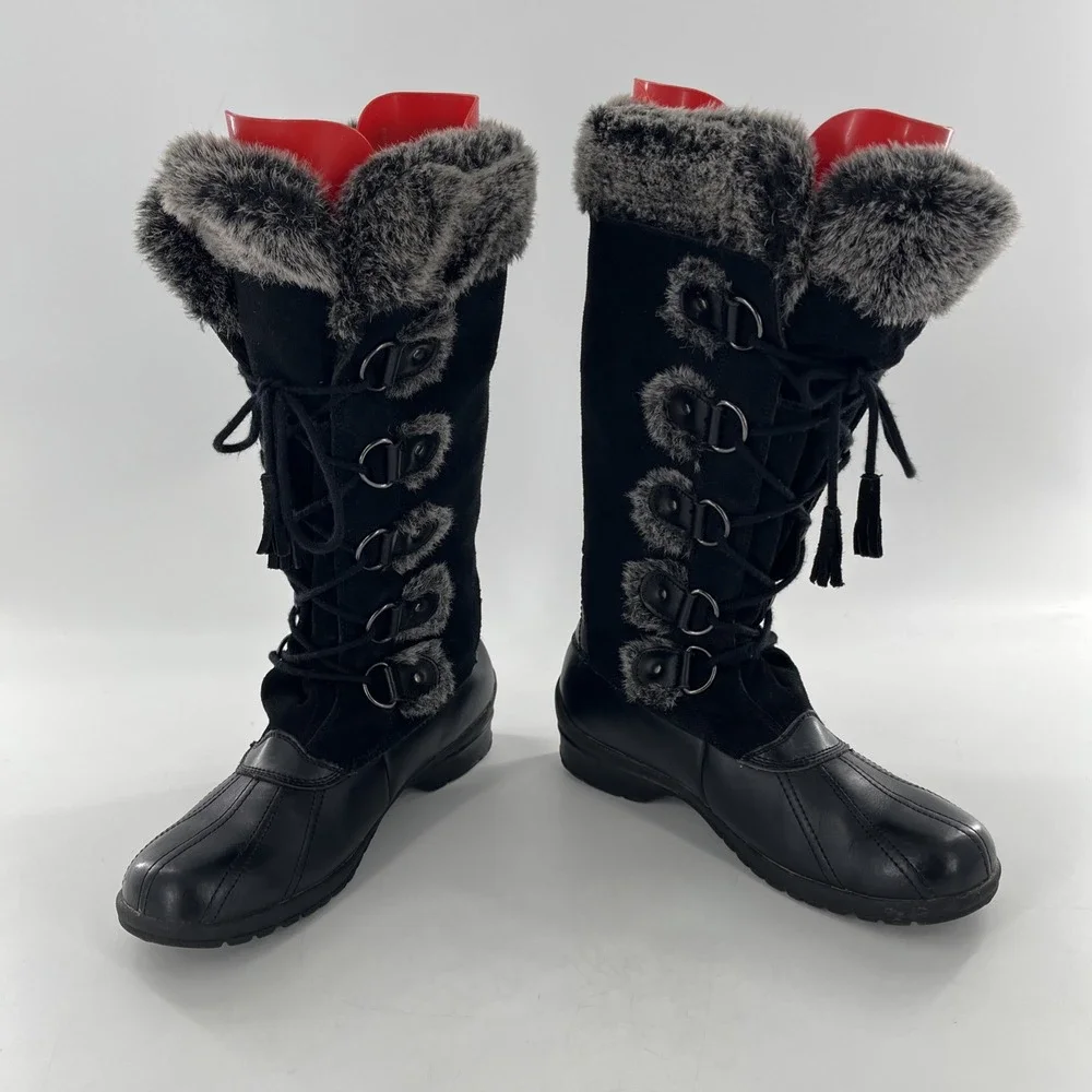 Vintage Nine West Knee High Womens 10 M Black Tall Mucker Duck Leather Suede Fur